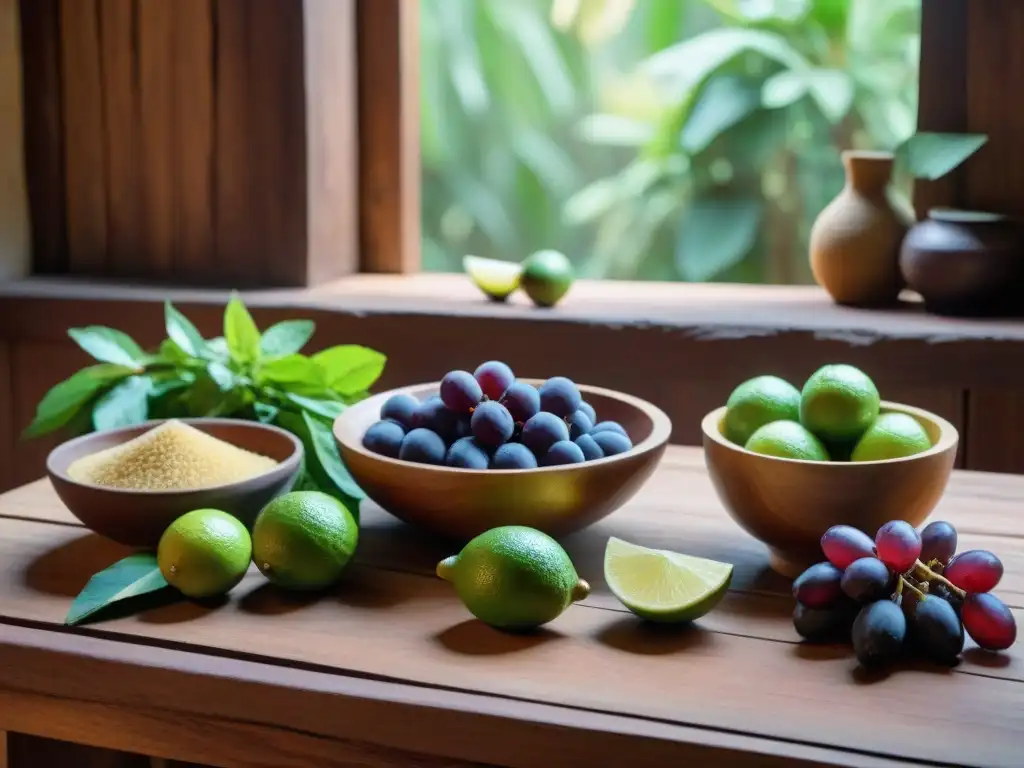 Una cocina afroperuana tradicional, ingredientes para Agua de Sapo receta tradicional, en una mesa de madera rústica iluminada por luz natural