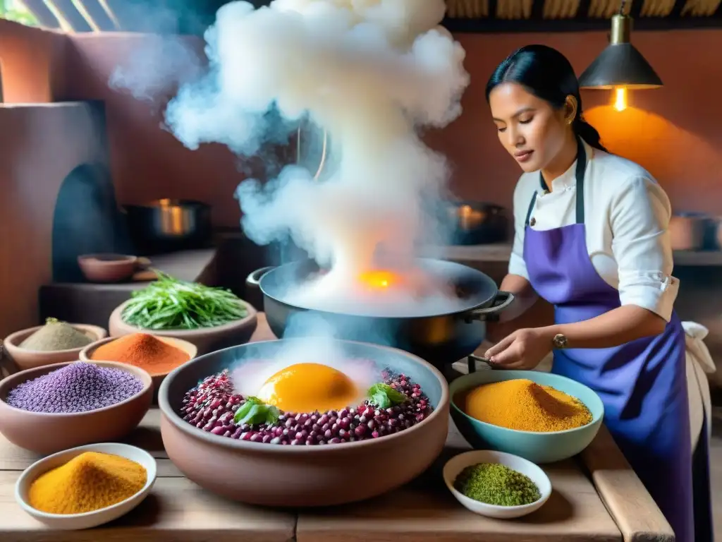 Cocina ancestral en Perú: chefs indígenas preparan platos tradicionales rodeados de ingredientes exóticos en una cocina rústica