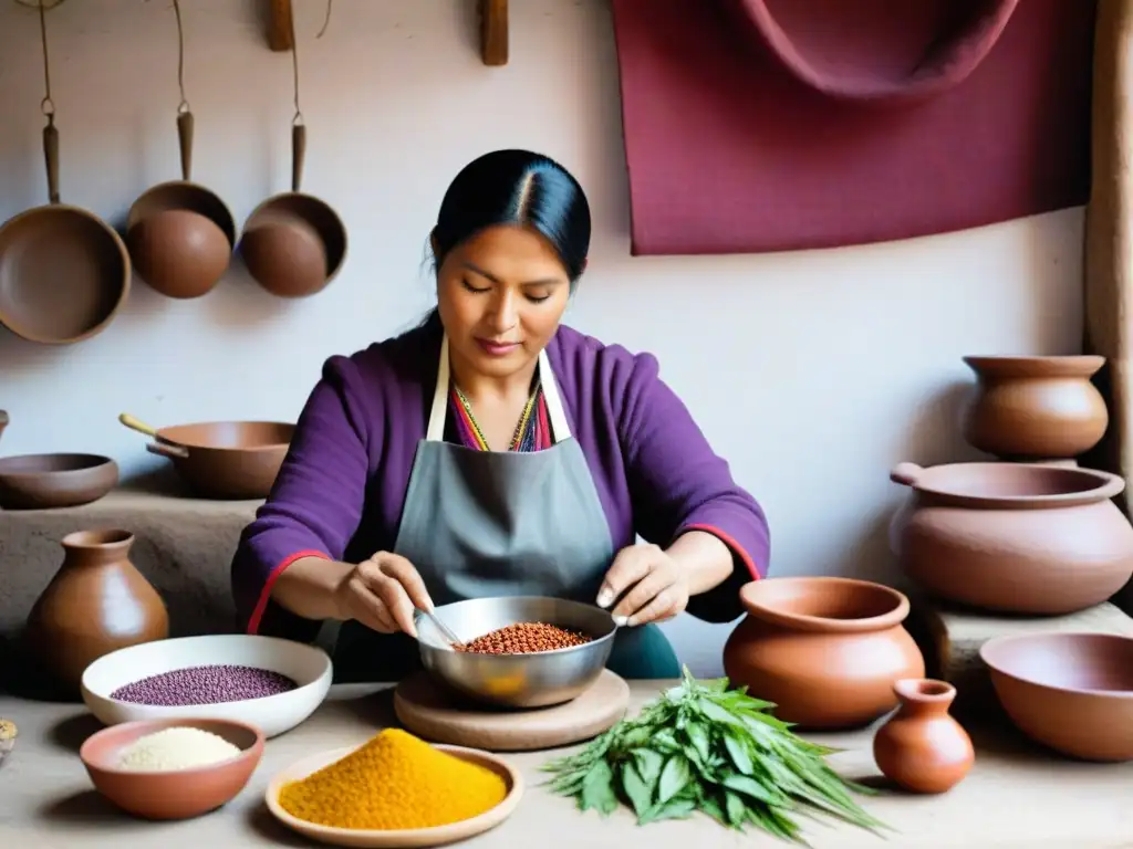 Cocina ancestral en Perú llena de coloridos ingredientes y un chef tradicional preparando un plato