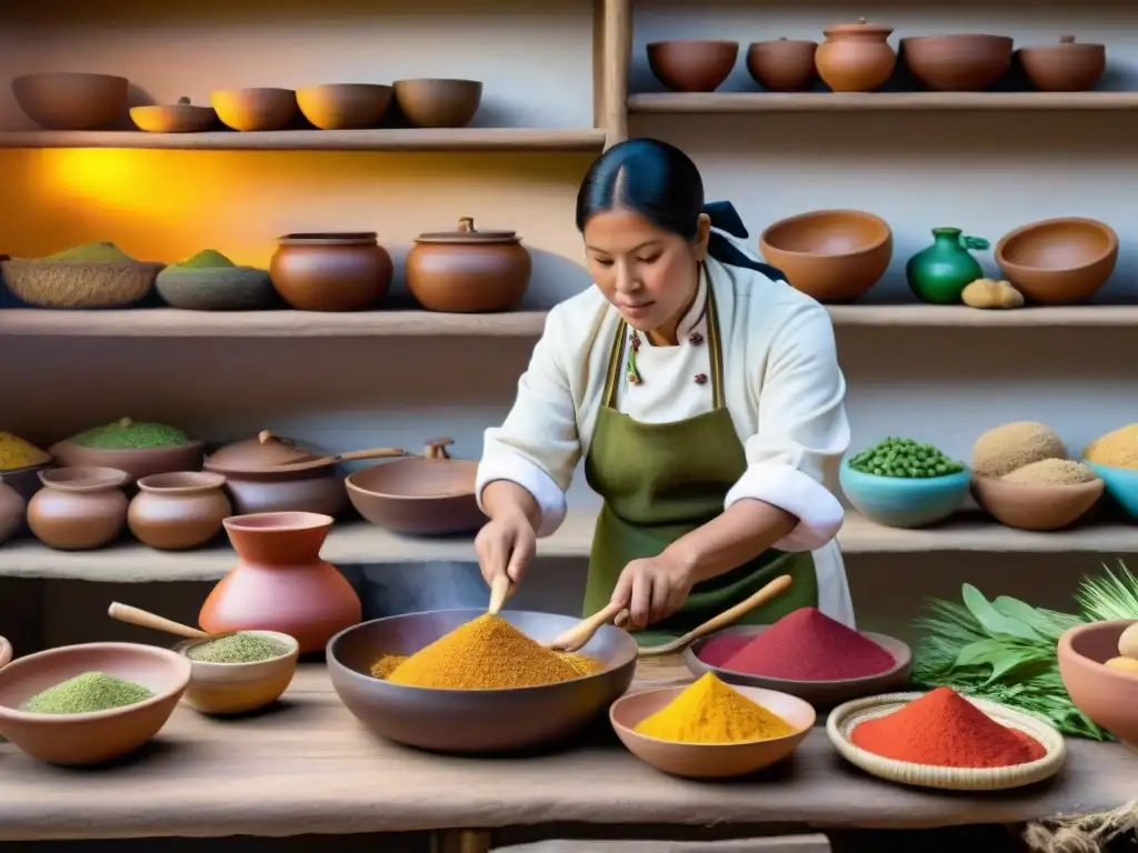 Cocina ancestral peruana: Chefs preparando recetas antiguas en un bullicioso ambiente andino