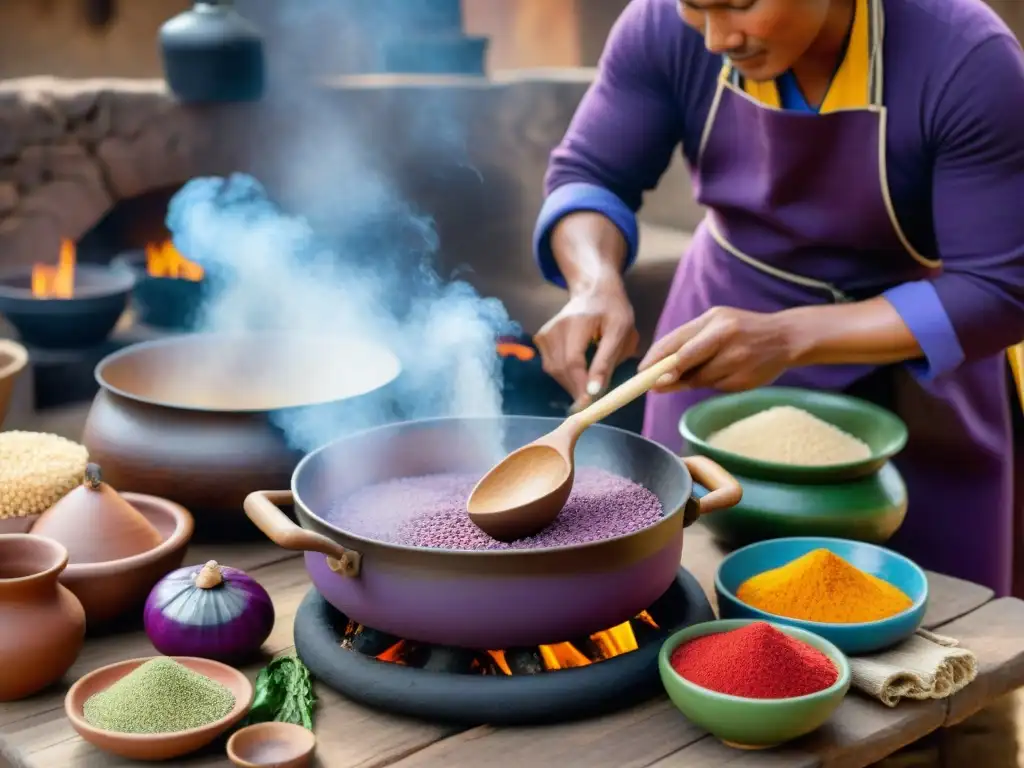 Una cocina ancestral peruana llena de utensilios tradicionales, un chef prepara un plato vibrante con ingredientes locales