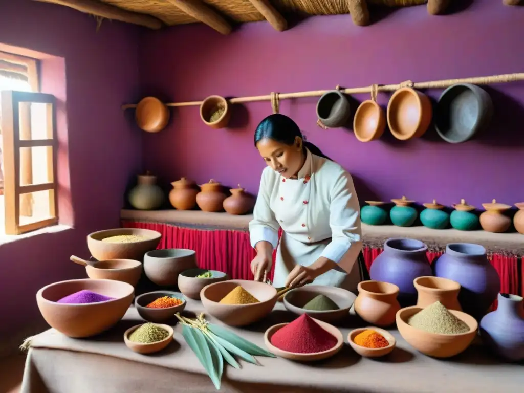 Una cocina ancestral peruana llena de utensilios antiguos, colores vibrantes y un chef preparando platillo con ingredientes tradicionales