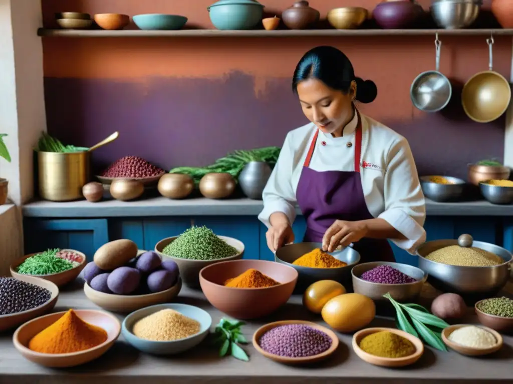 Una cocina ancestral peruana llena de secretos ingredientes, donde un chef prepara un plato clásico con movimientos precisos