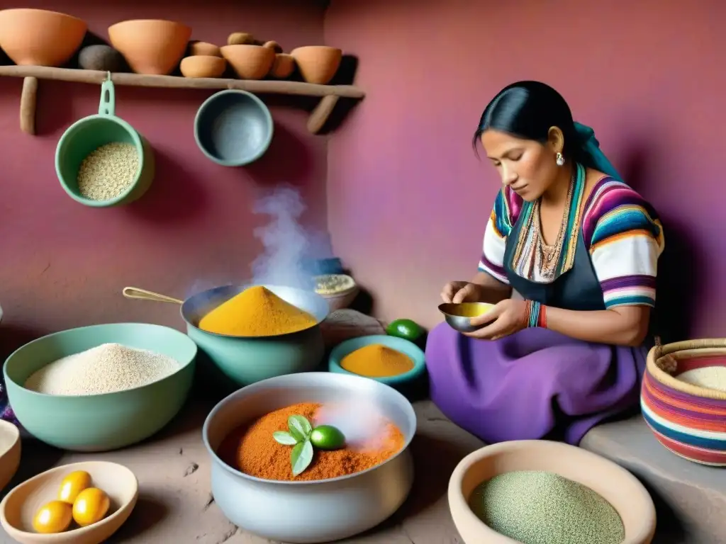 Una cocina ancestral peruana con paredes de adobe, ollas de barro y textiles andinos coloridos