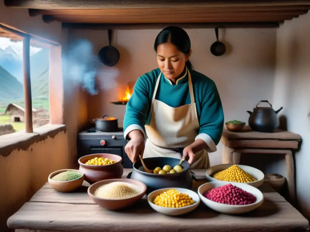 Una cocina andina con ingredientes autóctonos, un fogón rústico y un chef que prepara un plato tradicional, todo con vista a picos andinos