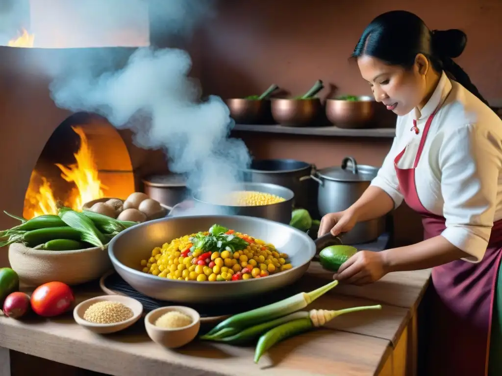 Cocina andina peruana tradicional: chefs preparan humitas entre ingredientes frescos y ambiente cálido