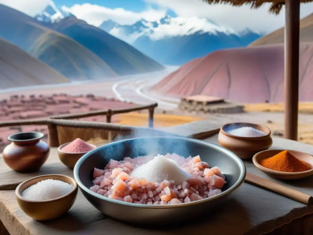 Cocina Andina con Piedra de Sal Rosada Andina sazonando un guiso, con vista a los Andes nevados