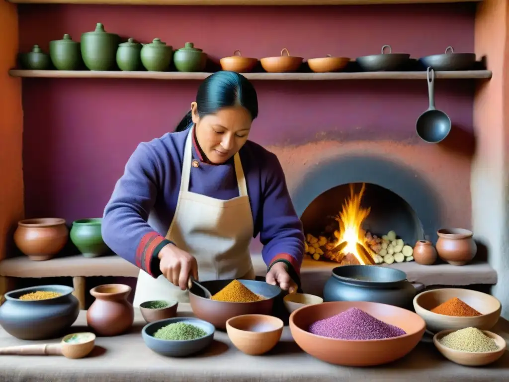 Cocina Andina: Sabores y tradición en alta resolución Una cocina andina tradicional bulliciosa, con chefs preparando platos coloridos con ingredientes autóctonos