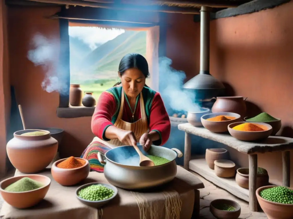 Una cocina andina tradicional con una cocinera preparando Ponche de Habas Andes nutritivo en un ambiente cálido y acogedor