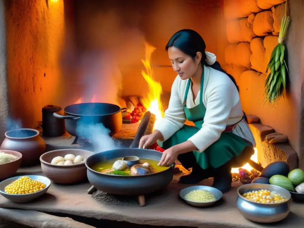 Una cocina andina tradicional llena de ollas humeantes de Patasca cocinando sobre llama abierta