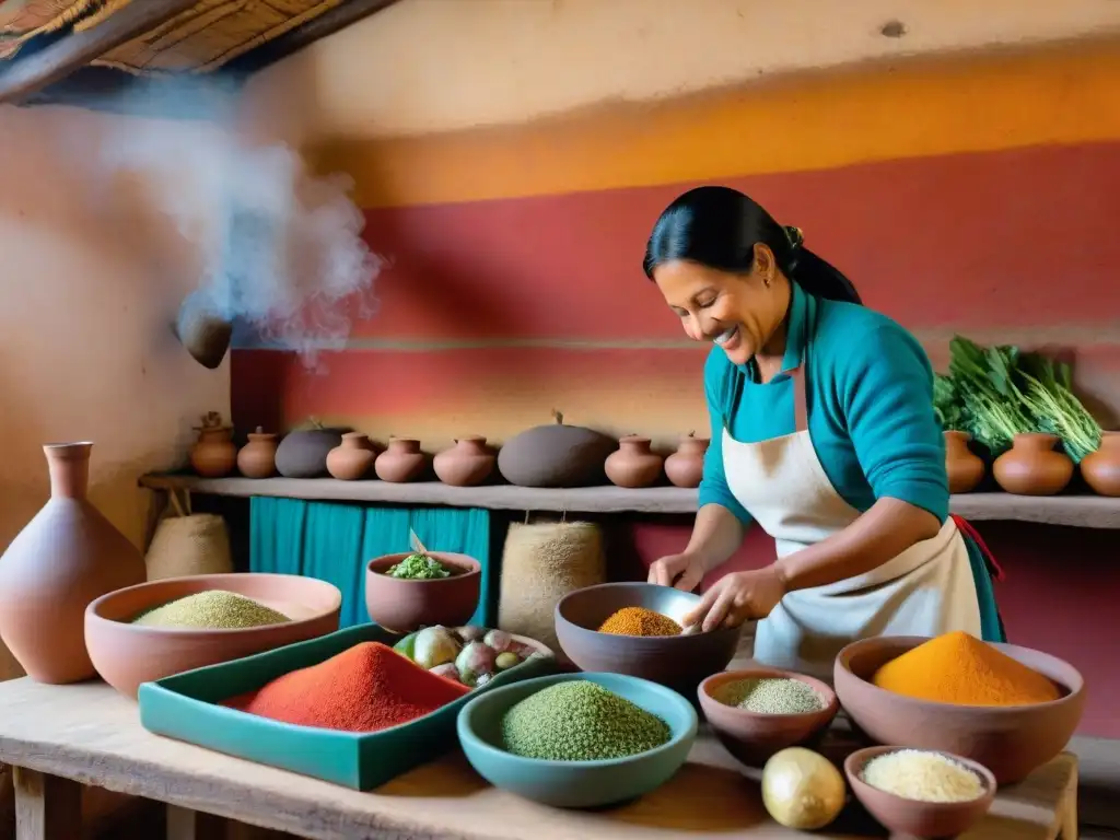 Una cocina andina tradicional llena de vida, donde se preparan platillos con ingredientes autóctonos como quinua, papas y ajíes