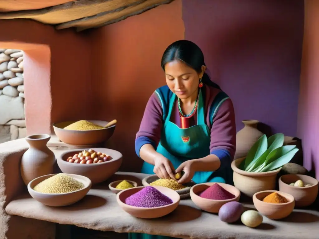 Una cocina andina tradicional llena de ingredientes autóctonos vibrantes y una mujer que prepara una comida nutritiva