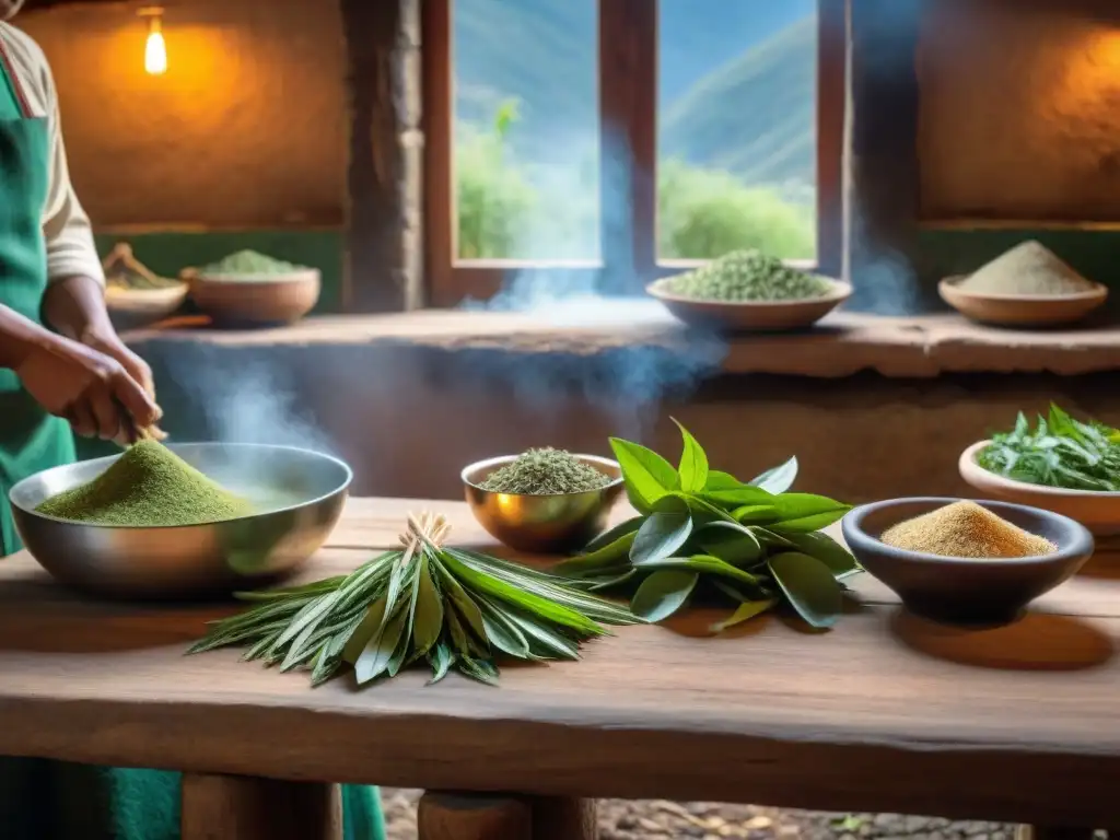 Una cocina Andina tradicional llena de vida con Hierbas Andinas en la Cocina, en una escena culturalmente rica y vibrante