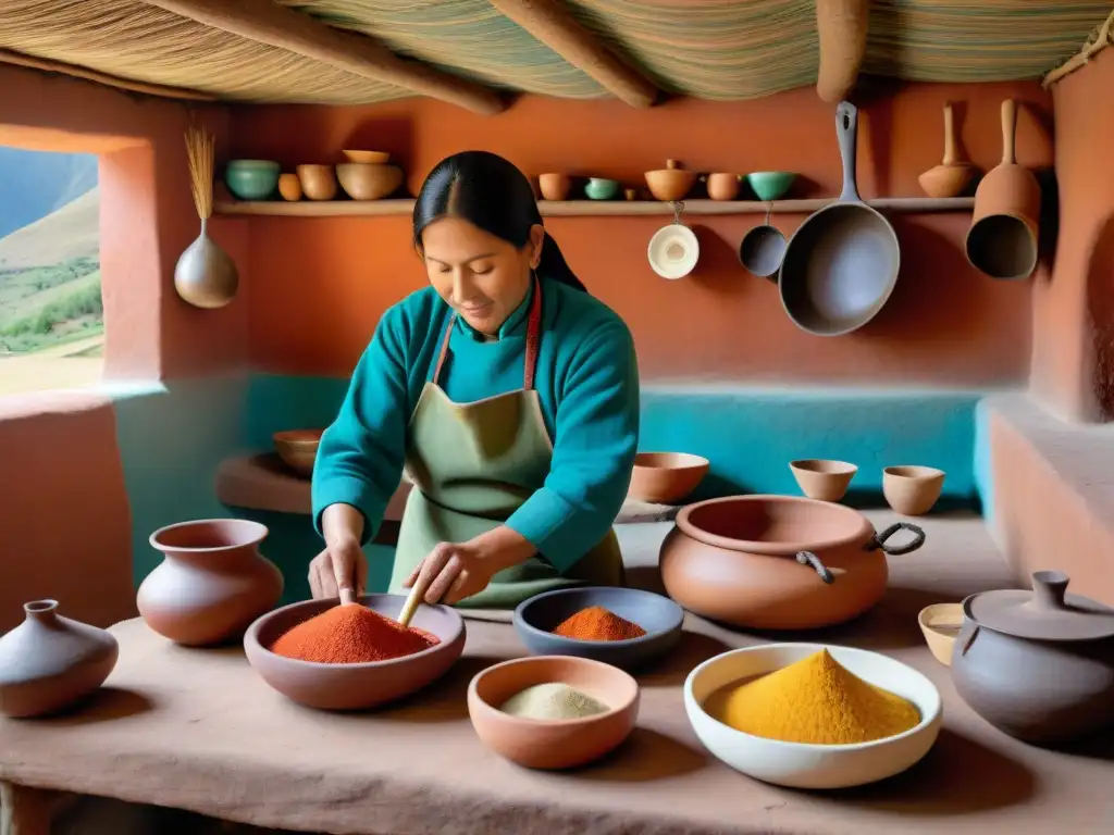 Una cocina andina tradicional en las montañas, llena de utensilios para cocinar en altura y decoración auténtica