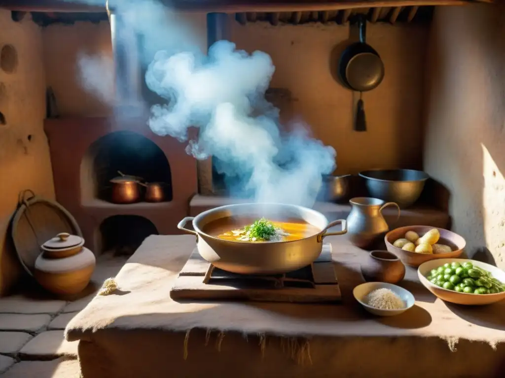 Una cocina andina tradicional con una olla grande de Patasca: caldo andino tradicional, cocinado a leña