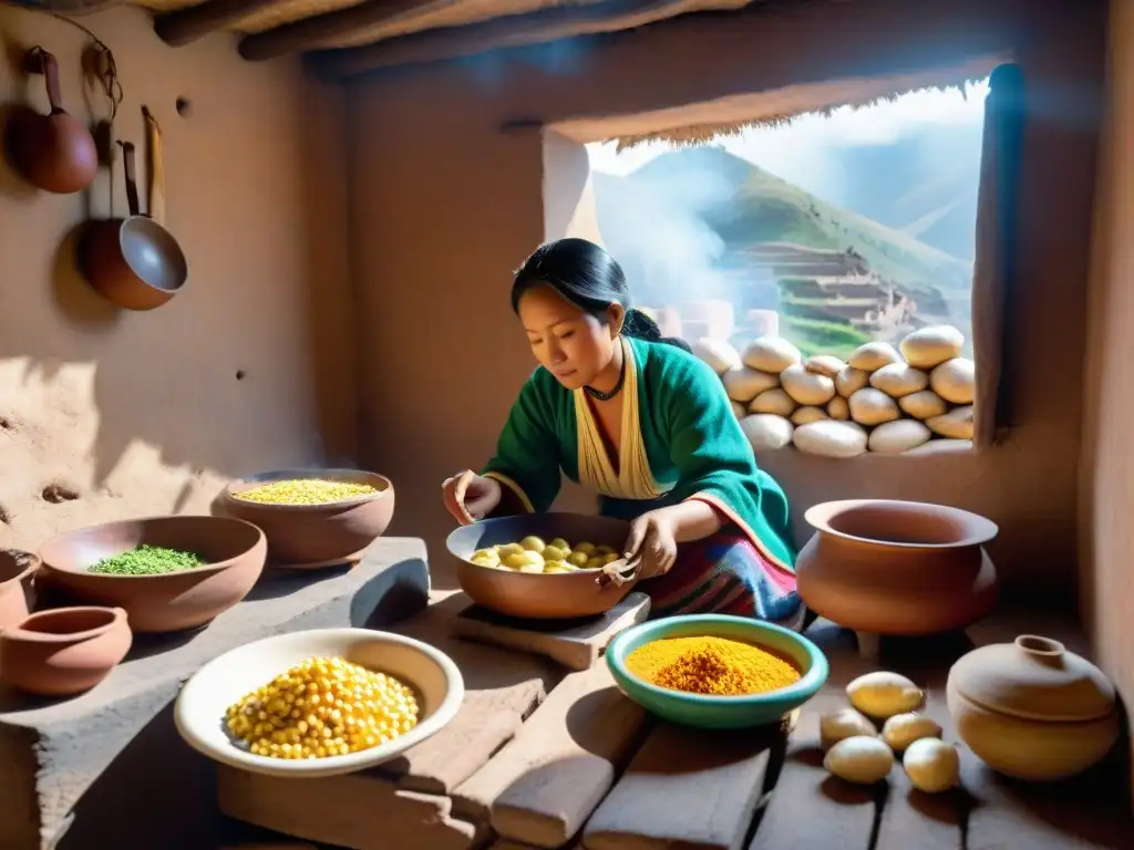 Cocina ayacuchana: Historia y Tradición en un ambiente hogareño con horno de barro, utensilios coloridos y ingredientes frescos