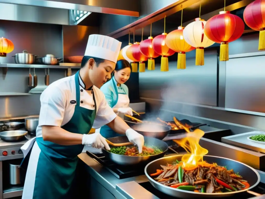 Cocina peruano-china bulliciosa con chefs preparando lomo saltado en woks, reflejando la historia de la inmigración china en la gastronomía peruana