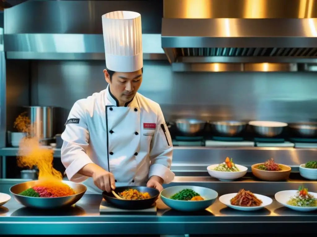 Cocina bulliciosa de fusión japonesa-peruana con chefs preparando platos vibrantes