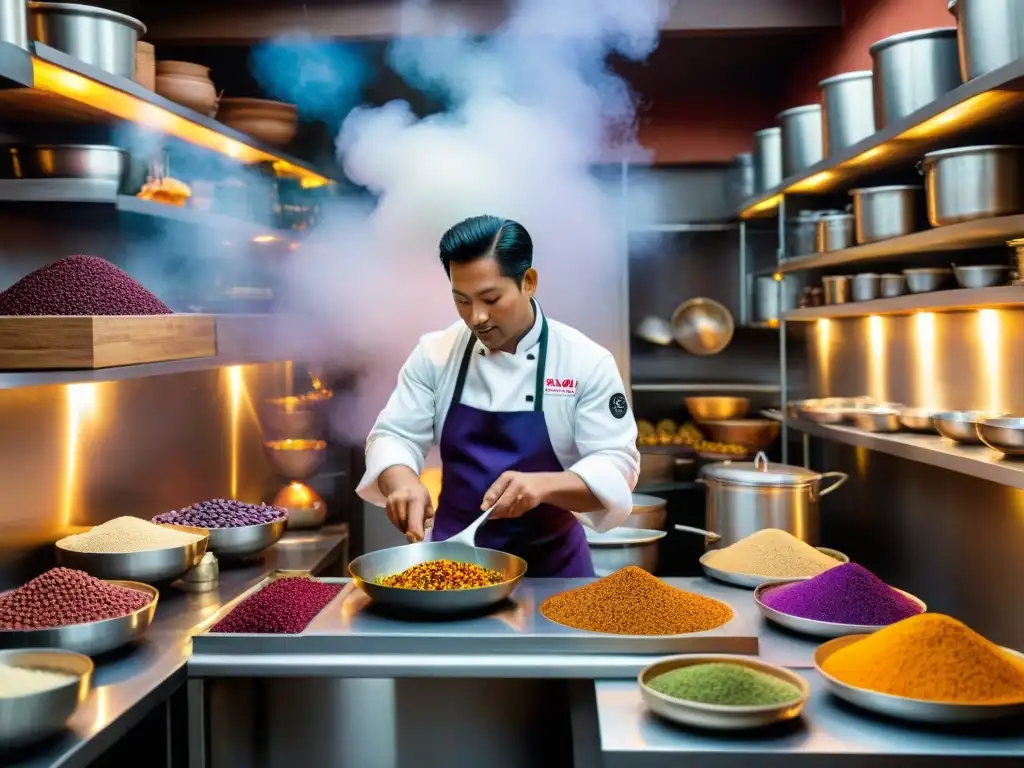 Una cocina casera limeña rebosante de actividad, con un chef preparando un plato vibrante con ingredientes autóctonos peruanos