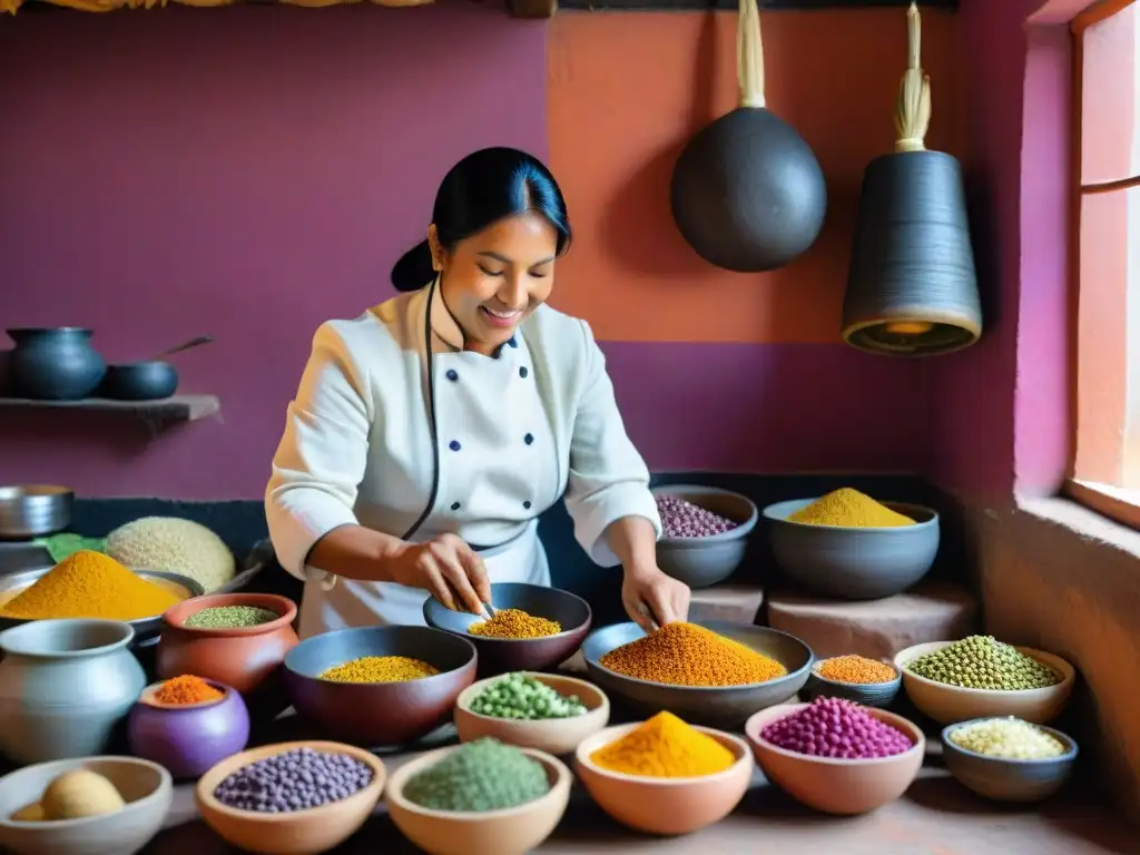 Una cocina casera limeña llena de vida, con ingredientes autóctonos vibrantes y frescos como maíz morado, ají amarillo y papas nativas