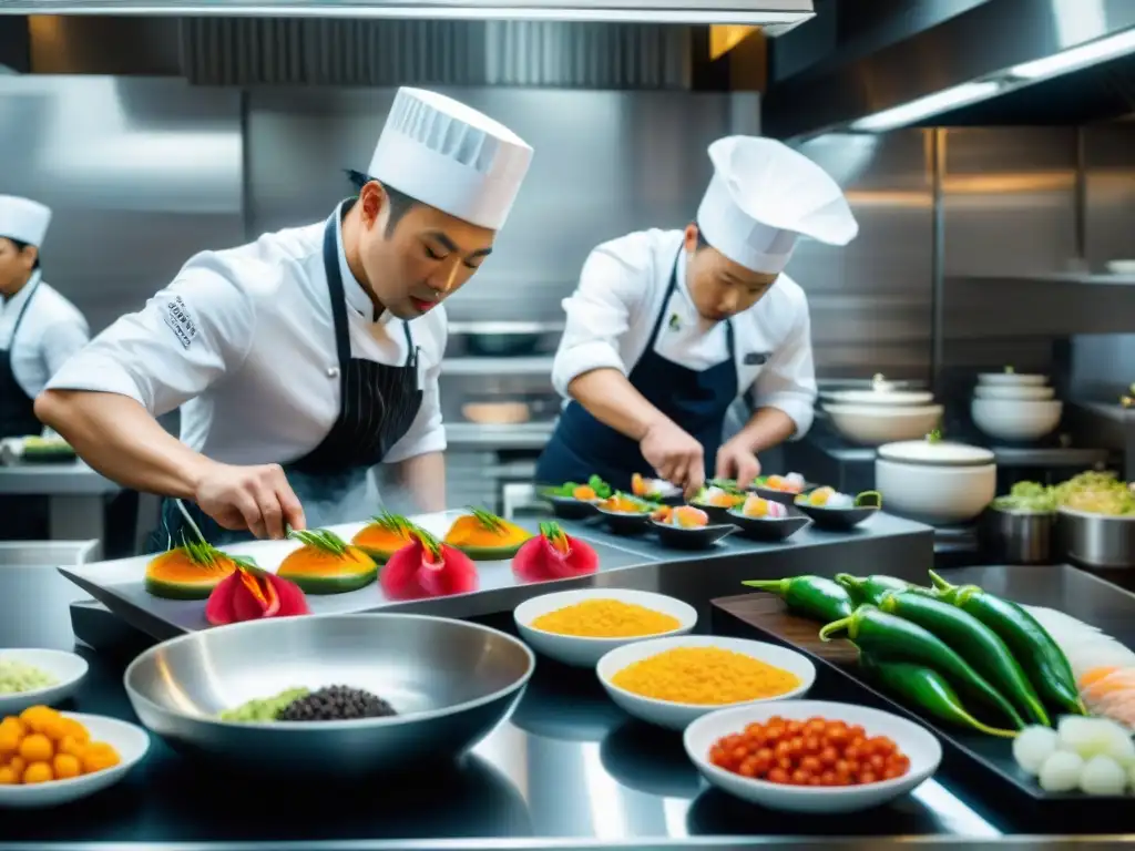 Cocina nikkei en Lima: Chef preparando ceviche y sushi en restaurante concurrido, ambiente vibrante