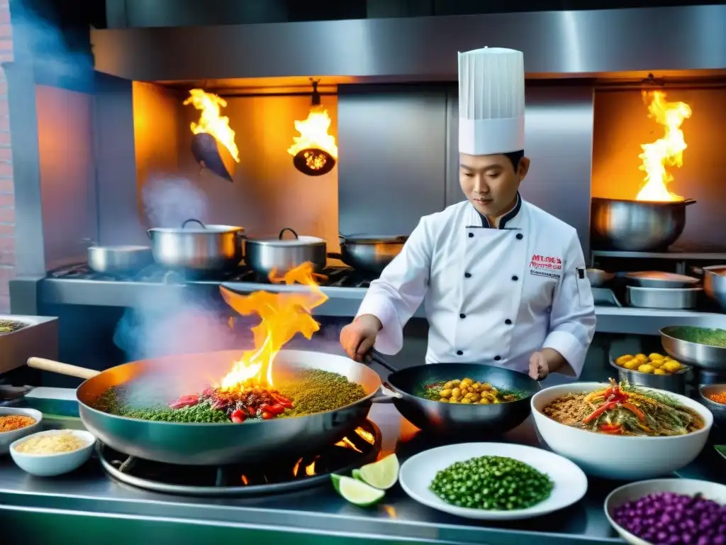 Cocina Chifa en Perú: Chefs hábiles revuelven ingredientes coloridos en woks sobre llamas abiertas, fusionando tradiciones culinarias chinas y peruanas