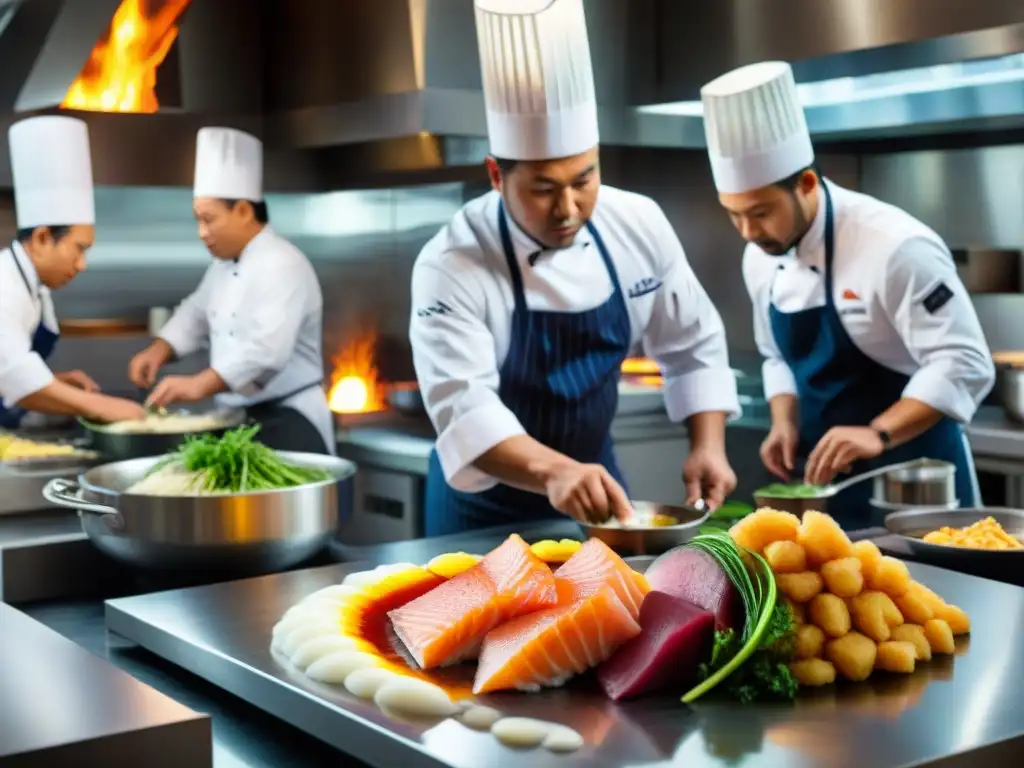 Una cocina Nikkei en Perú: chefs fusionando ingredientes japoneses y peruanos, en un bullicioso restaurante tradicional