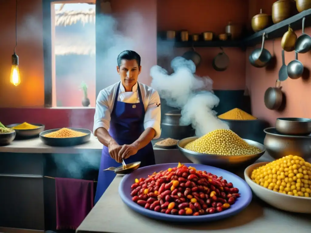 Chef en Chiclayo: Tradición culinaria peruana Cocina chiclayana tradicional: chef preparando plato con ingredientes autóctonos en ambiente cálido y colorido