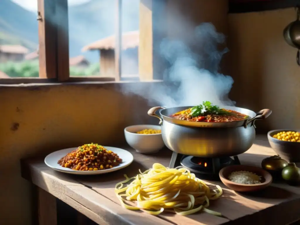 Cocina norteña: cocinera prepara sopa seca plato norteño con ingredientes andinos