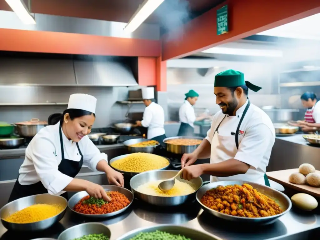 Cocina comunitaria peruana vibrante con chefs diversos trabajando en armonía, promoviendo la inclusión social a través de la gastronomía