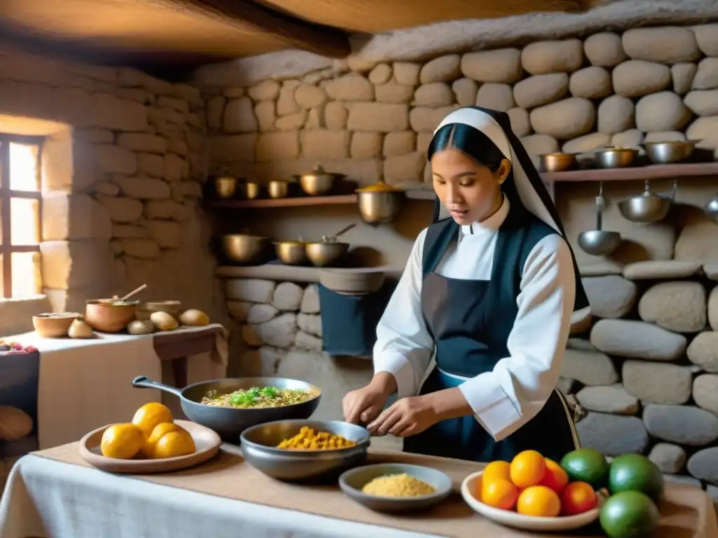 Cocina de convento peruano: nuns preparando platos ancestrales, fusionando influencias europeas con ingredientes peruanos