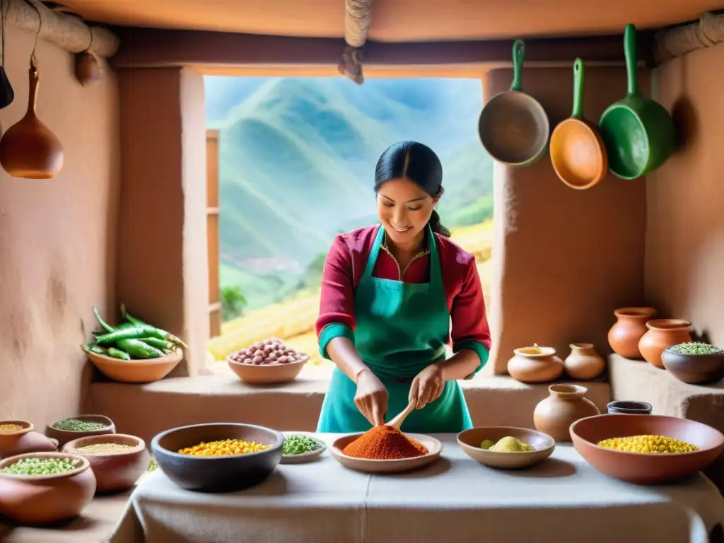 Cocina criolla peruana para principiantes: Escena detallada de una cocina tradicional peruana con utensilios y un chef preparando un plato criollo