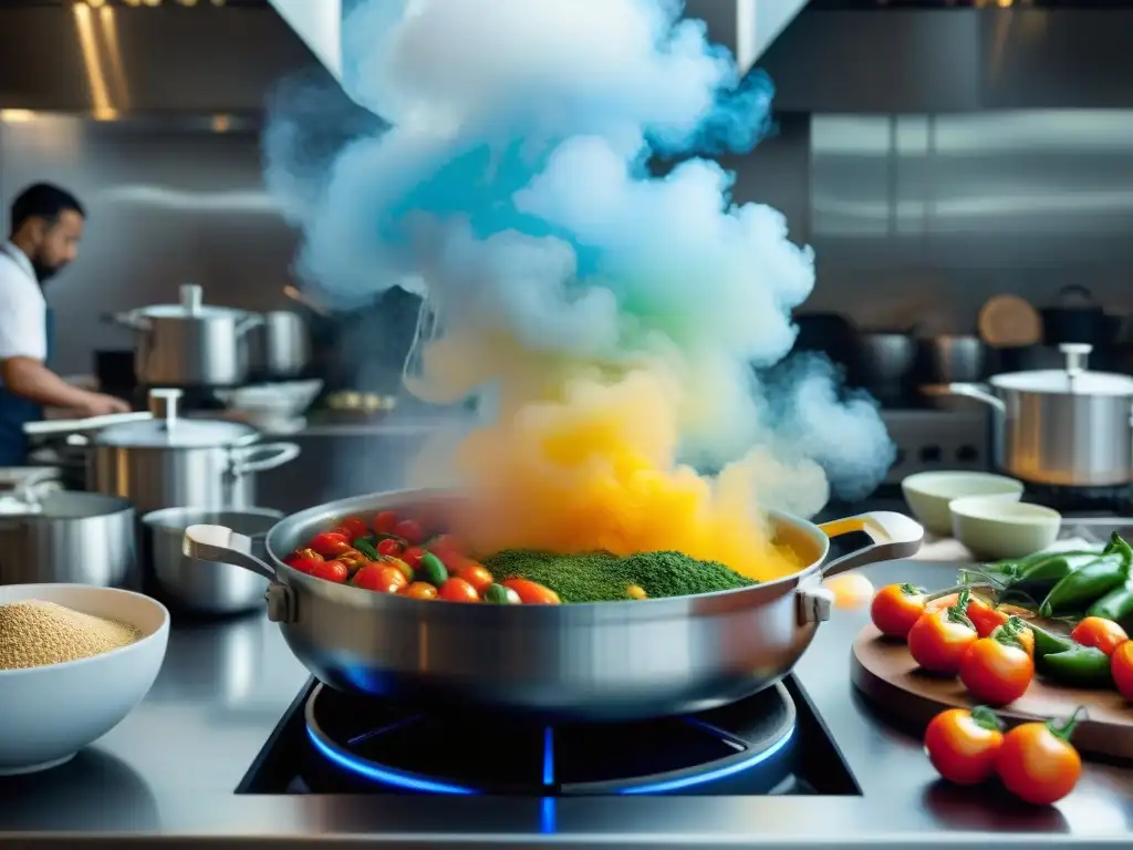 Cocina ítaloperuana: fusión culinaria única en una vibrante y detallada imagen de chefs preparando platos fusionados