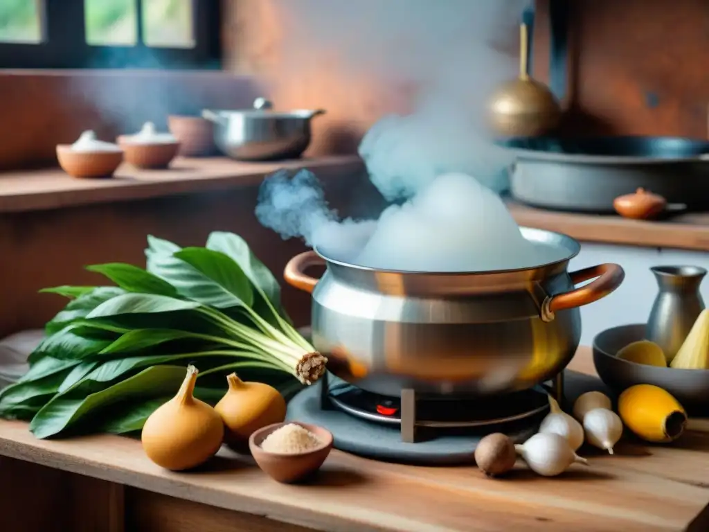 Una cocina ecuatoriana tradicional con una olla de Sopa Timbuche burbujeante rodeada de ingredientes vibrantes y utensilios de cocina rústicos