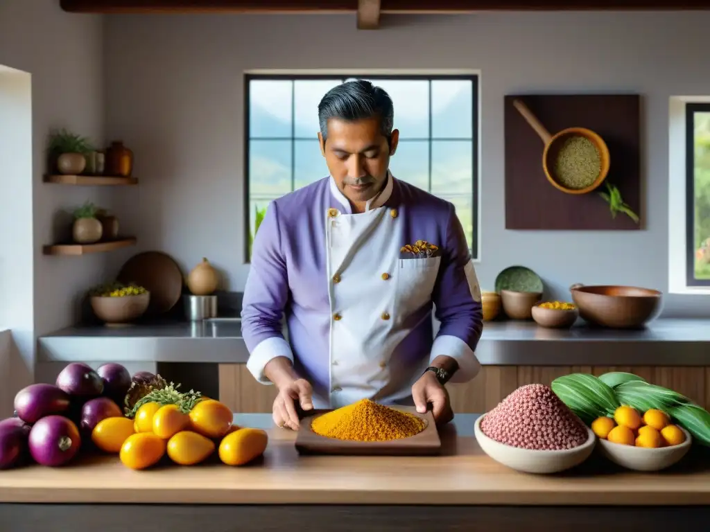 Virgilio Martínez en su cocina con ingredientes autóctonos de la gastronomía peruana, creando una obra maestra culinaria