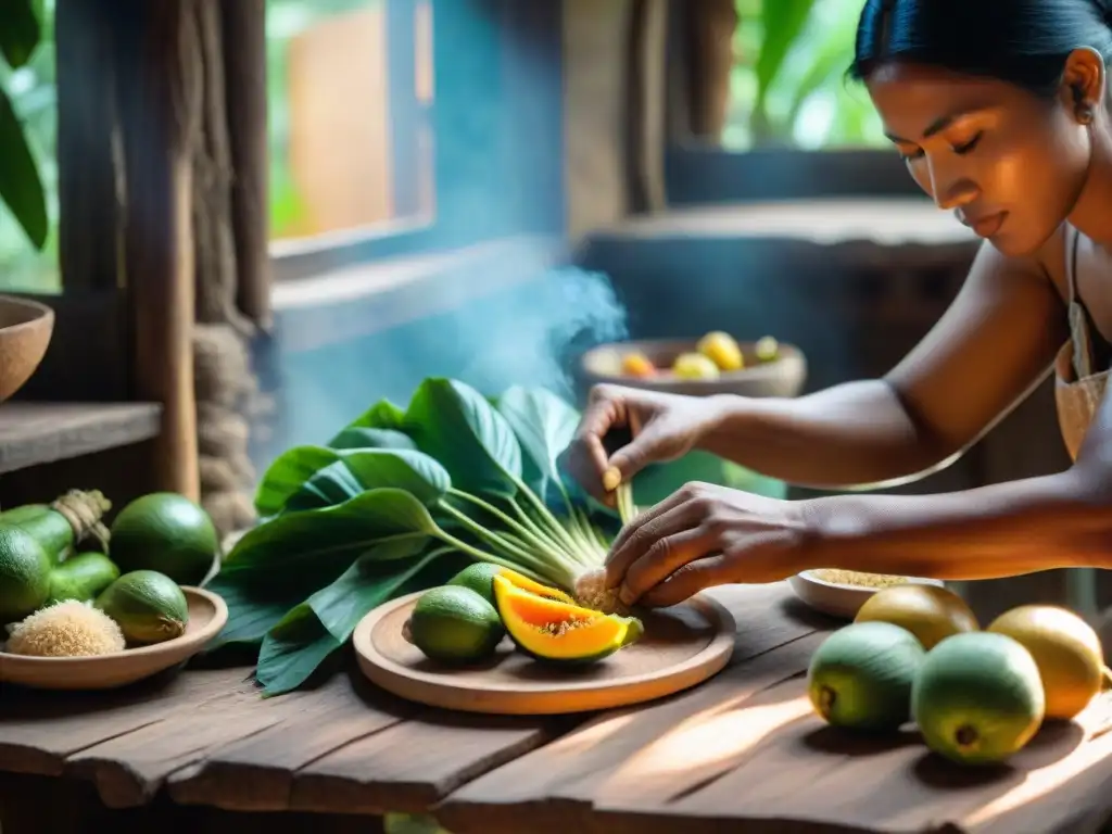 Manos expertas en la selva: preparando delicias amazónicas Cocina selva con ingredientes autóctonos: manos expertas preparan platillo amazónico entre frutas y verduras exóticas