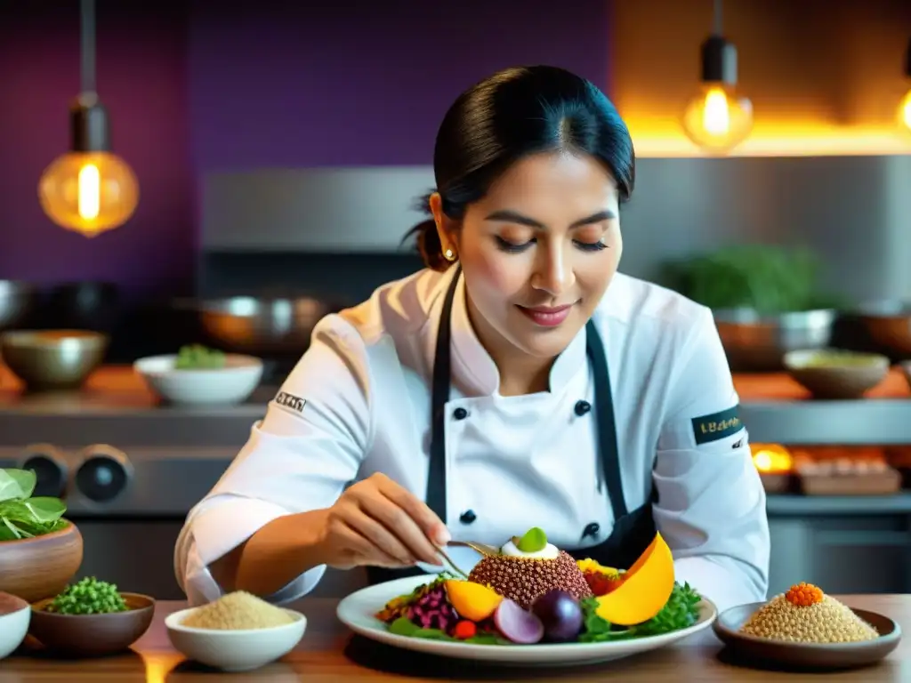 Chef Pía León en su cocina, con ingredientes autóctonos peruanos, mostrando creatividad y tradición gastronómica