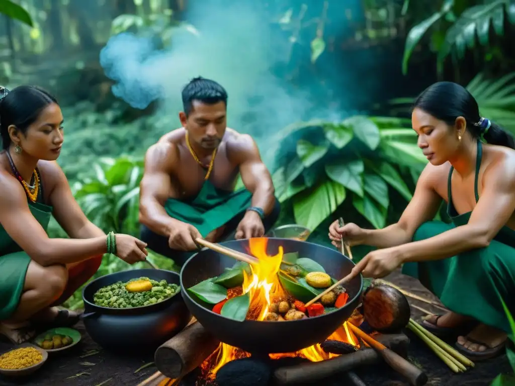 Cocina amazónica con ingredientes selváticos: chefs indígenas preparando platos tradicionales en la selva