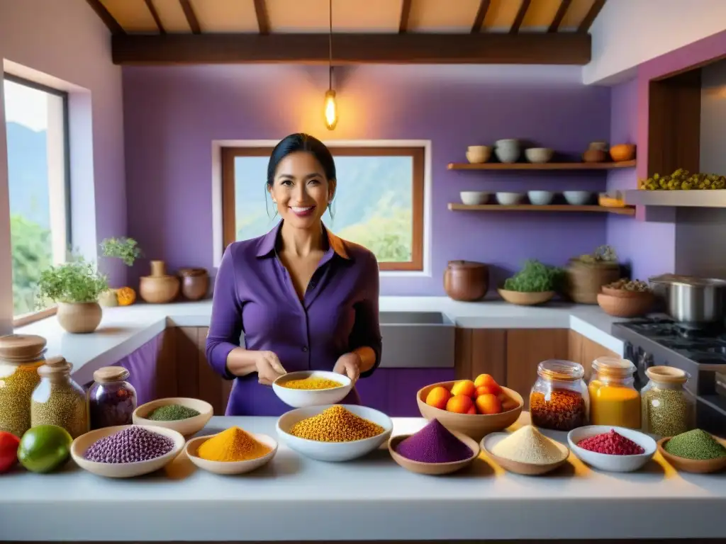 Sandra Plevisani en su cocina llena de ingredientes peruanos, explicando una receta de 'Dulces Secretos'