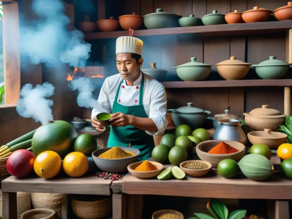 Una cocina amazónica en Perú llena de sabores exóticos: frutas tropicales, especias coloridas y hierbas únicas en estantes de madera, con chefs indígenas preparando platos aromáticos