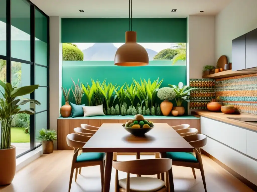 Una cocina moderna inspirada en Lima, Perú, con colores vibrantes y texturas