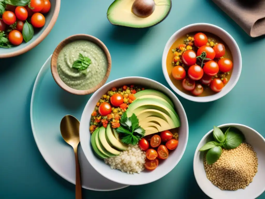 Una cocina moderna llena de coloridas recetas innovadoras de quinua, fusionando el superalimento peruano con técnicas culinarias