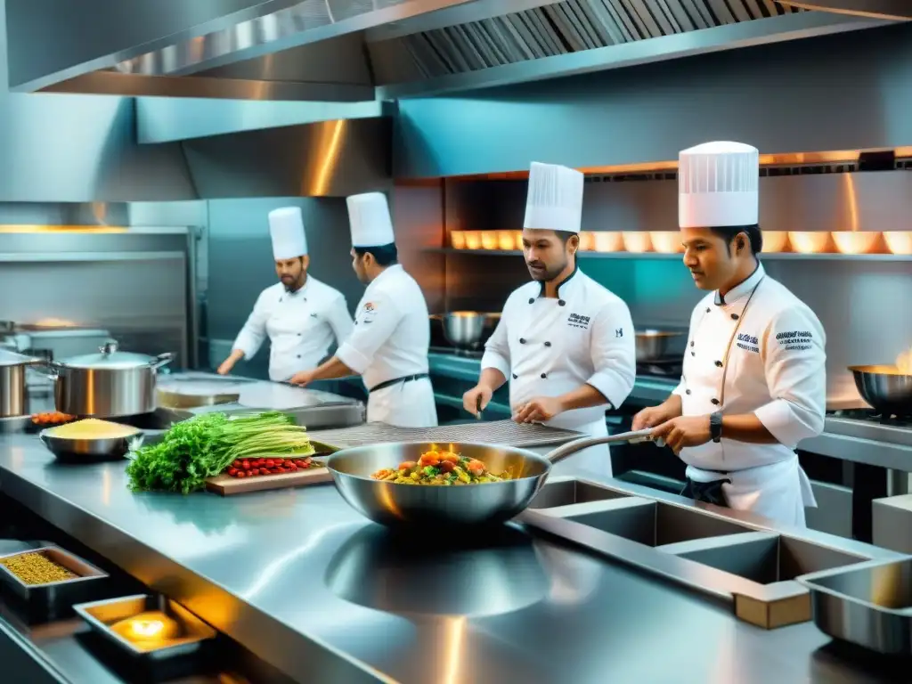 Cocina modular en restaurante peruano: chefs preparando platos tradicionales con toque moderno