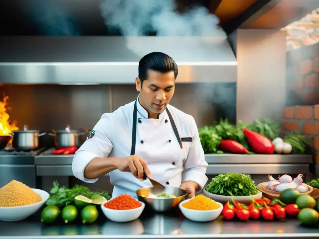 Cocina peruana: Chef preparando ceviche rodeado de ingredientes, destacando la importancia de los olores en gastronomía peruana