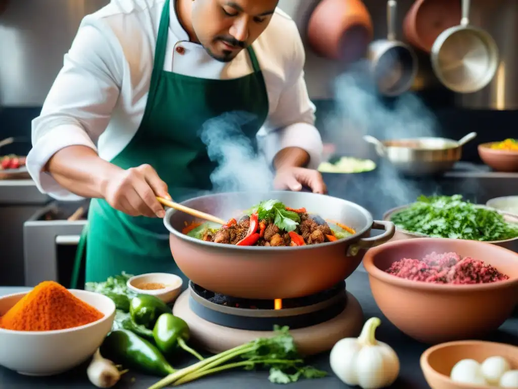 Cocina peruana con chefs preparando Receta Picante de Cuy Peruano en un ambiente vibrante y auténtico