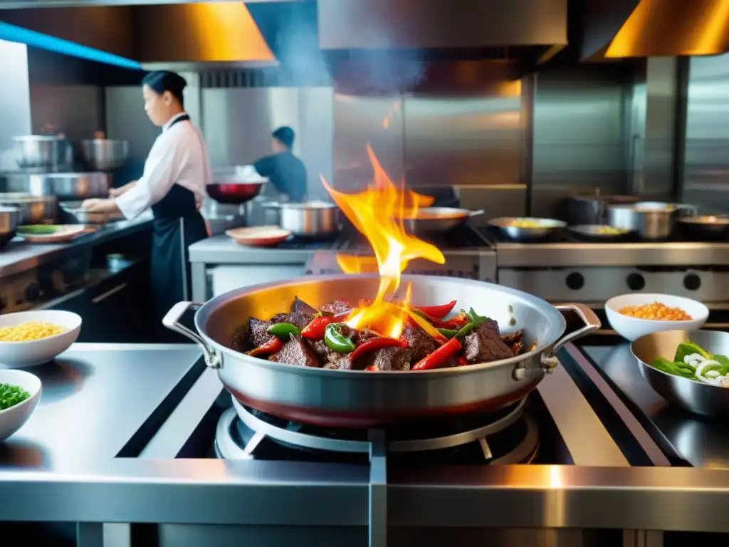 Cocina de fusión Chino Peruana con chefs preparando Lomo Saltado en wok