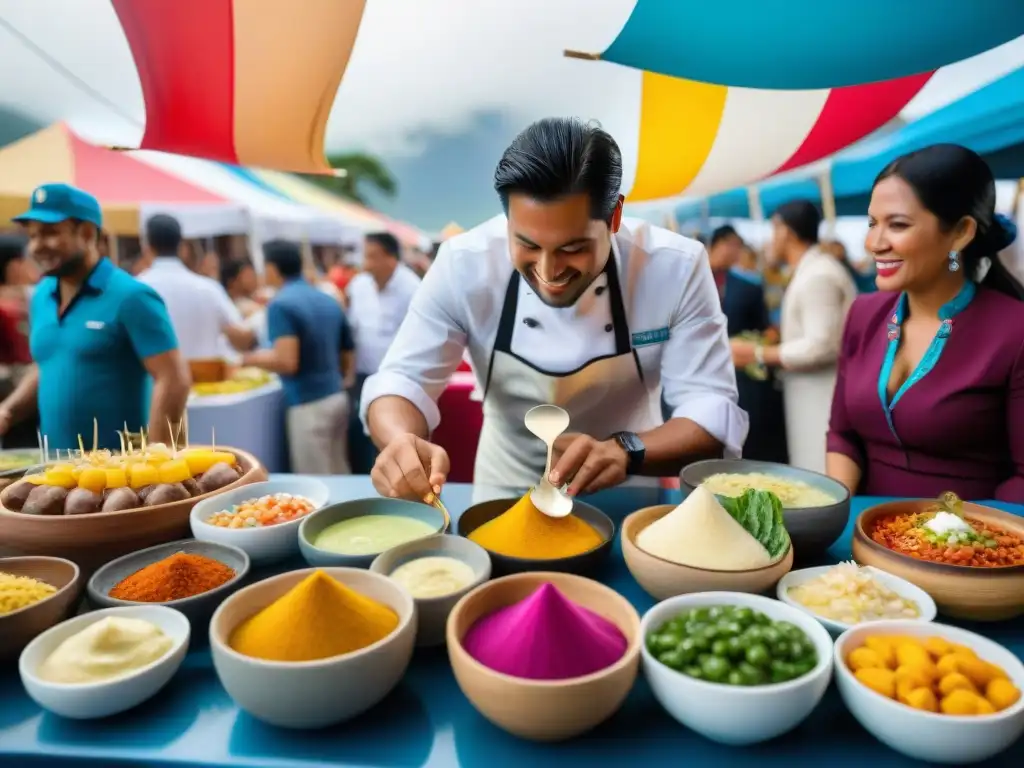 Festival culinario peruano: sabores, colores y alegría Representación de la cocina peruana en eventos culinarios: vibrante festival con diversidad de platos y banderas peruanas al viento