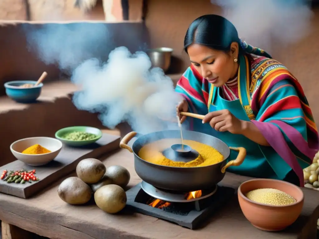 Cocina peruana con fogón de barro rodeado de ingredientes autóctonos