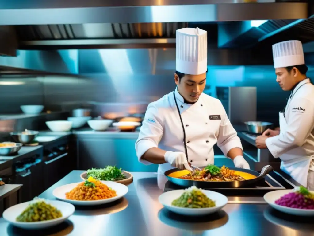 Cocina peruana del futuro con chefs preparando platos tradicionales en cocinas inteligentes