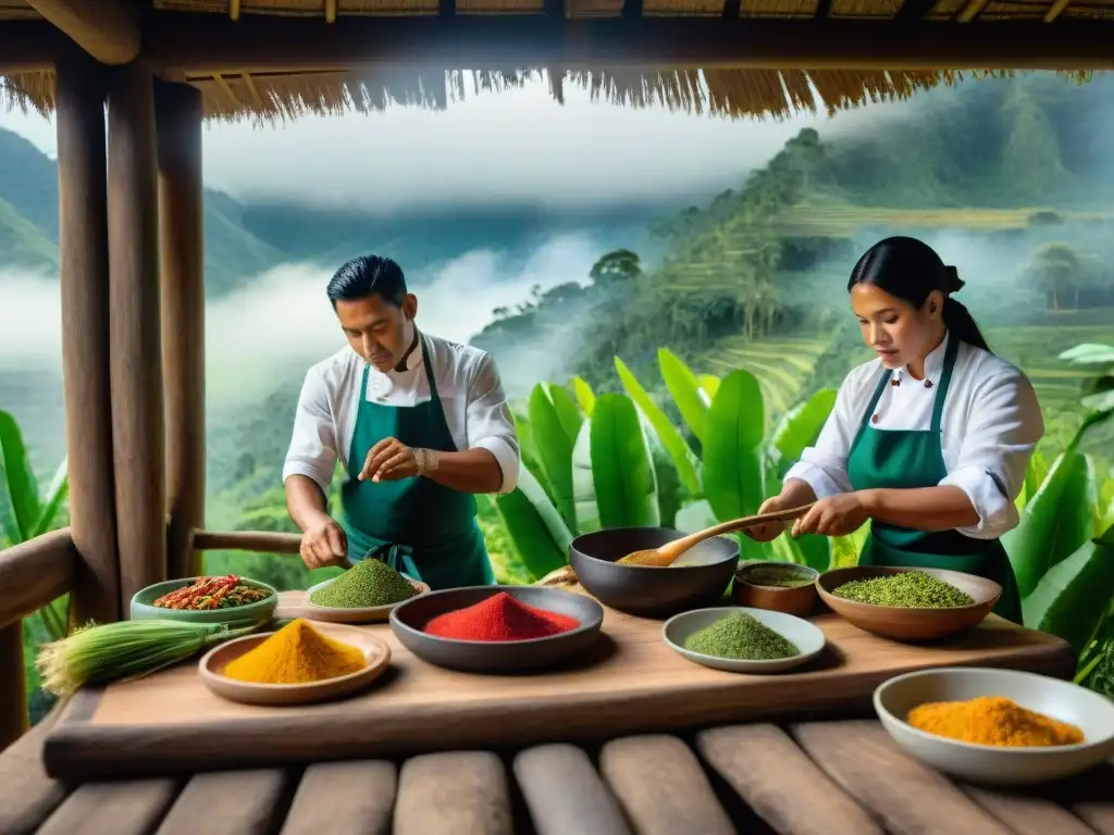 Cocina amazónica en gastronomía peruana: Chef indígenas preparan ingredientes vibrantes en cocina al aire libre rodeada de exuberante vegetación